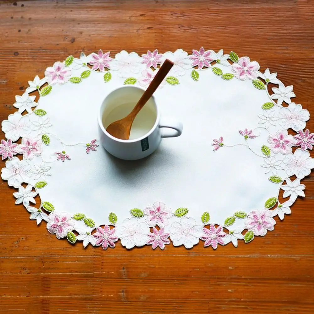 

for Dining Table Delicate Satin Fabric Flower Pattern Lace Doily Cup Pad Coaster Placemat