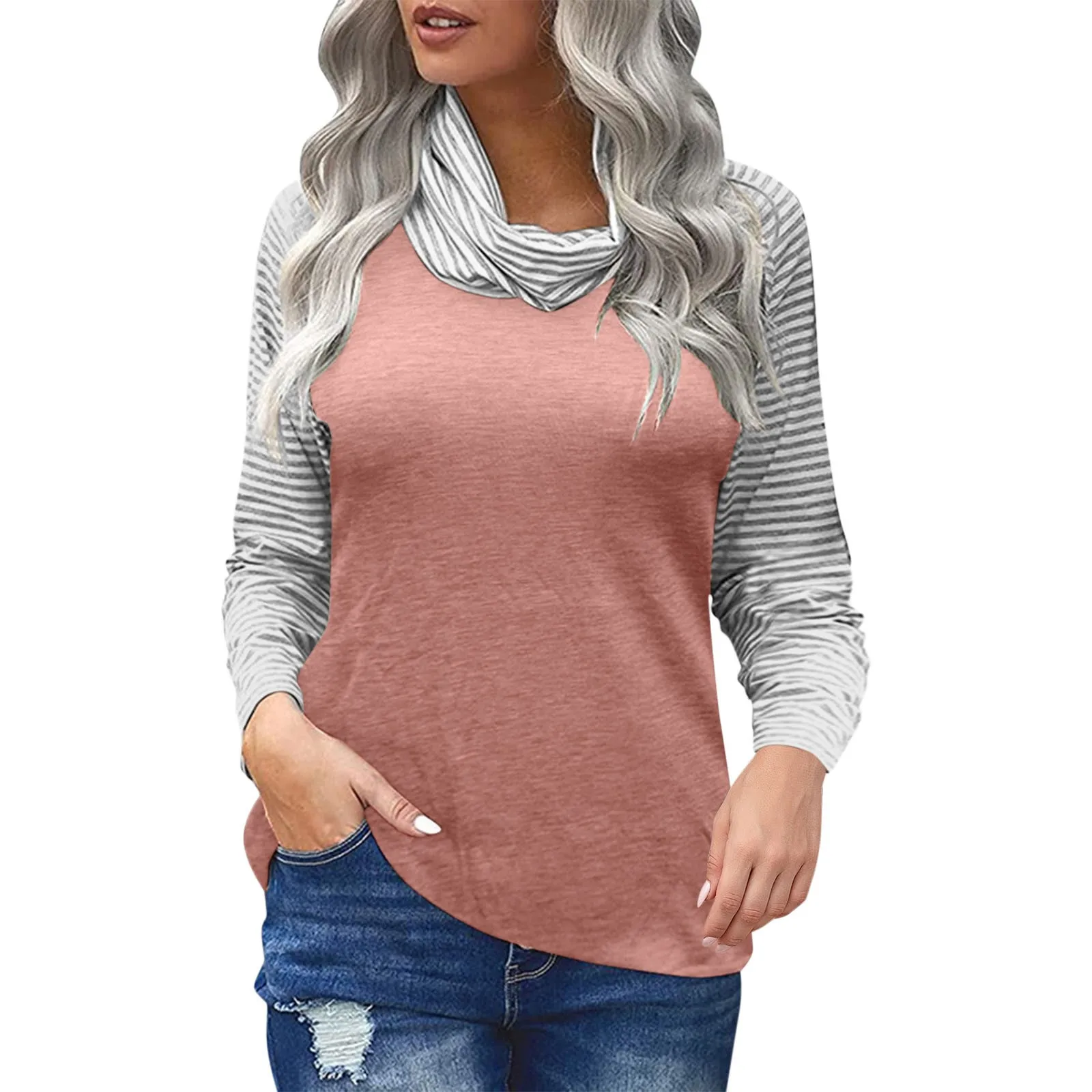 

Women T Shirt Casual Vintage Fashion Striped Patchwork Print Scarf Collar Long Sleeve Loose Graphic Tees Women Autumn Top 4