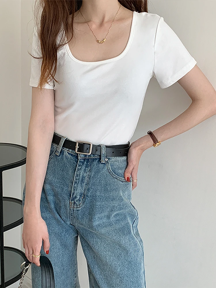 

BETHQUENOY Camisetas Mujer Manga Corta Squard Neck T Shirt Women Summer Clothes 2023 Solid Casual Short Sleeve Tee Shirt Femme