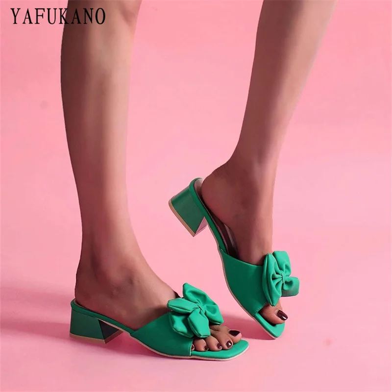 

Elegant Sweet Big Bow Decor Chunky Heeled Mule Sandals Fashion Open Toe Outdoor Slippers Party Shoes Casual Slides Size 35-42