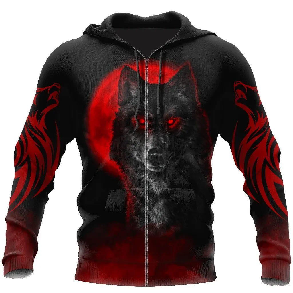 

2022 Oversized Hot Fall Men's Hoodie Red Moon Wolf 3D Printed Casual Zipper Streetwear Unisex