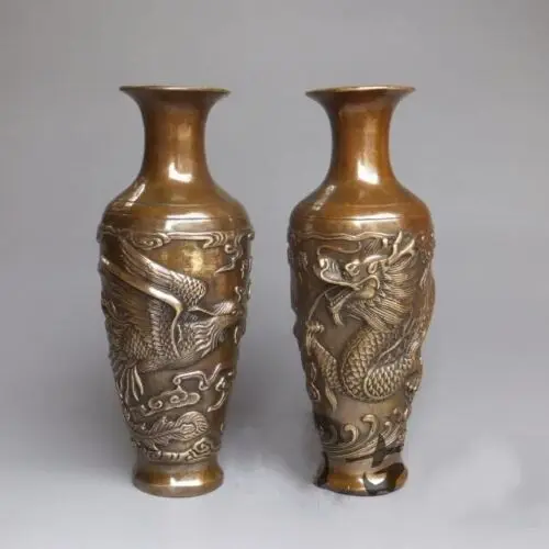 

A Pair Chinese Brass Handwork Dragon Phoenix Play Bead Vase