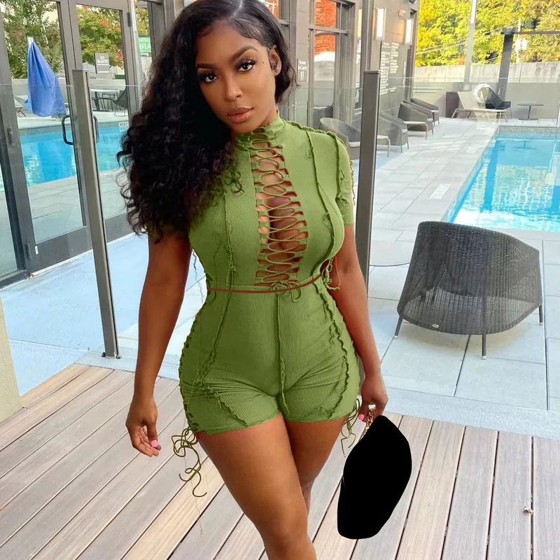 

WUHE Casaul Women Tracksuit Two Piece Set Solid Lace Up Criss-Cross Tops Short Sets Summer Biker Outfit