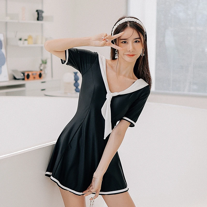

One Piece Swimsuit Women Push Up Paded Bathing Suit Female Solid Beachwear Short Sleeve Swimdress Black 2022 New With Skirt