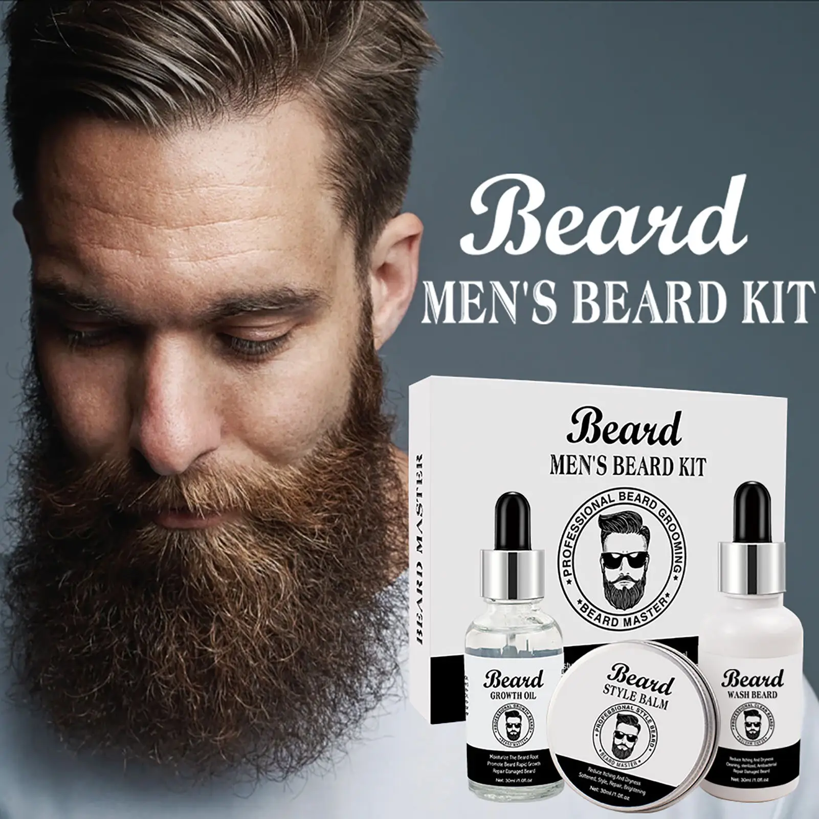 

3 Pcs/Set Beard Growth Kit Men's Beard Growth Serum Oil Derma Roller Beard Comb Shampoo Beard Care Grooming Kit 2022 New