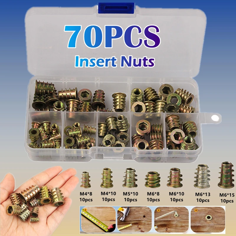 

70pcs Flanged Hex Drive Head Furniture Nuts M4/M5/M6 Zinc Alloy Furniture Nuts Thread For Wood Insert Nut