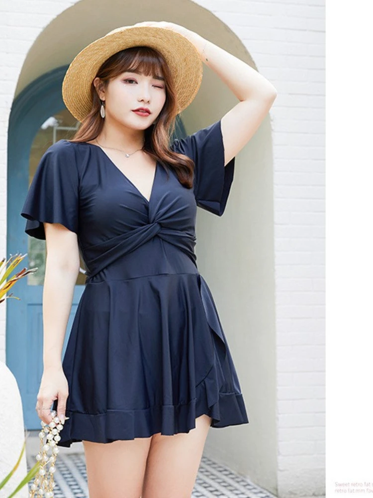 

Hot Spring Plus Size Swimsuit Korean Style V-neck Ruffle One-piece Skirt Conservative Cover Belly Big Breast Meat Swimwear Women