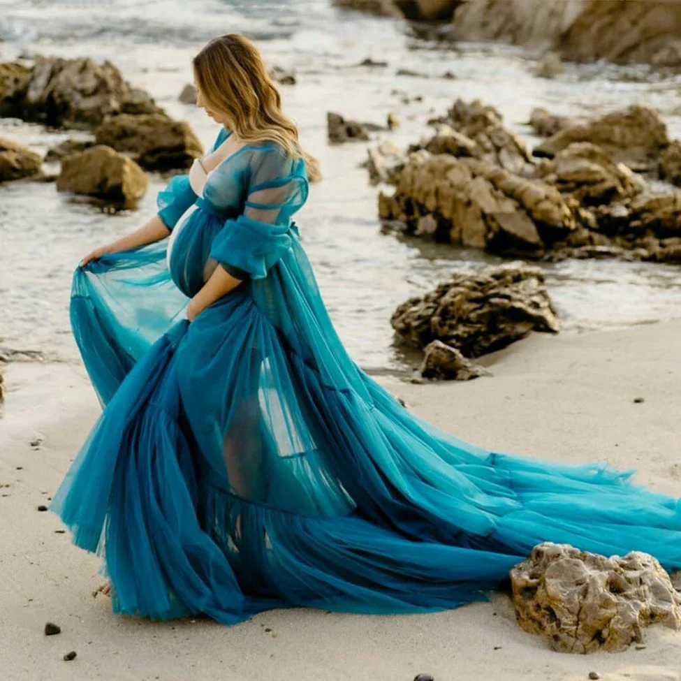 

Pretty Blue See Thru Tulle Maternity Dress Women Robe For Photoshoot Babyshower Sheer Long Train Bridal Bathrobe Shooting Dress