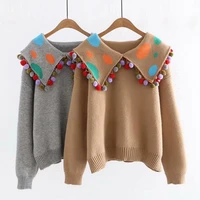 sweet and cute collar ball tassel lapel sweater pullover ladies knit pullover gray fashion navy wind pullover 2021 winter women