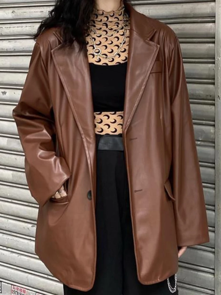 Leather coat Women's Spring and Autumn Korean version ins Vintage black top Suit Loose casual jacket Overlay