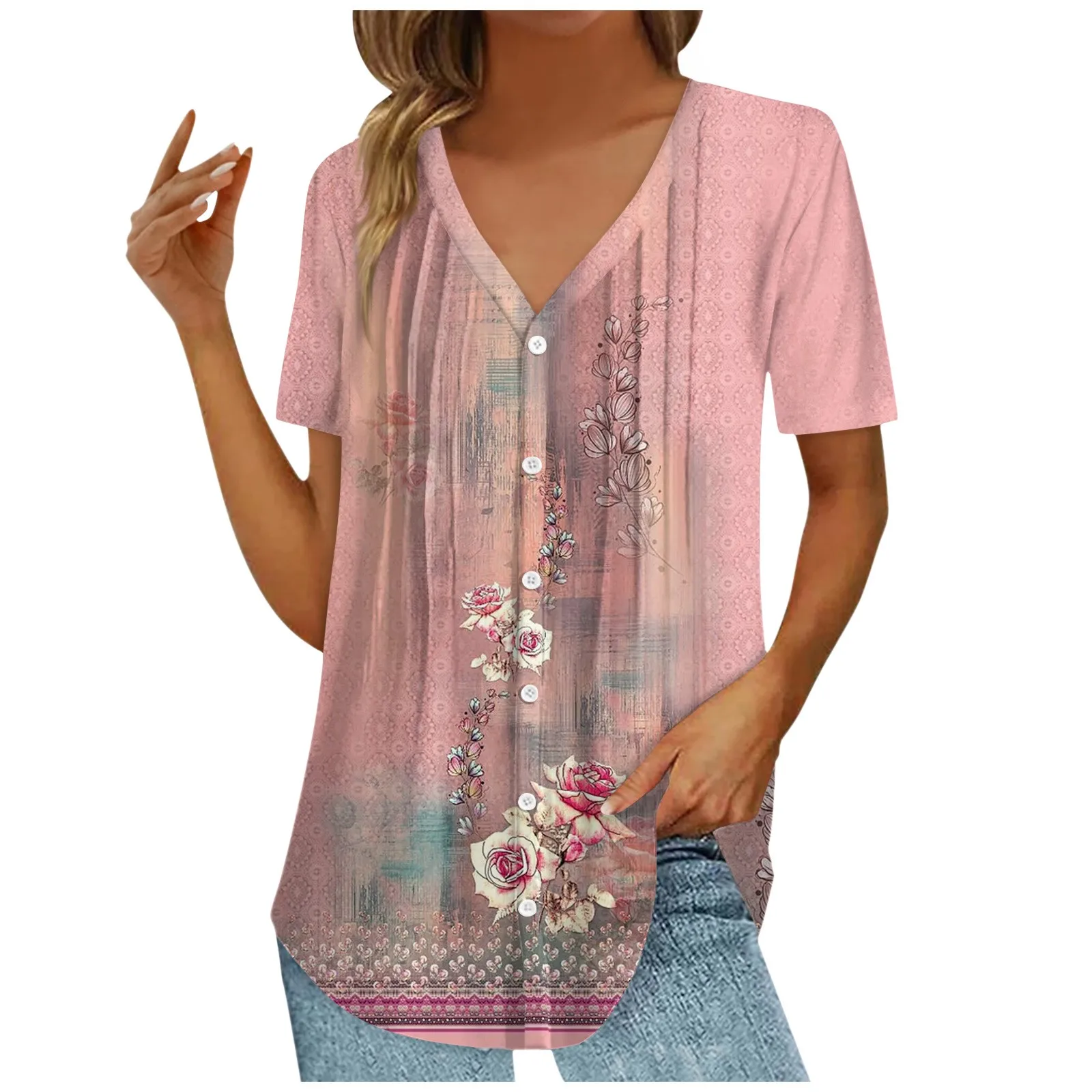 

Women Pleated Button Casual Printed Loose V Neck Short Sleeve Cardigan Top Blouse Clothing Female Crop Top Women Y2k Style