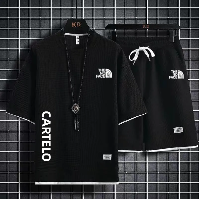 2023Summer New Short-Sleeved Suit Waffle Comfortable Breathable Round Neck Polo T Shirt+Five-Point Sports Shorts Casuals Suit
