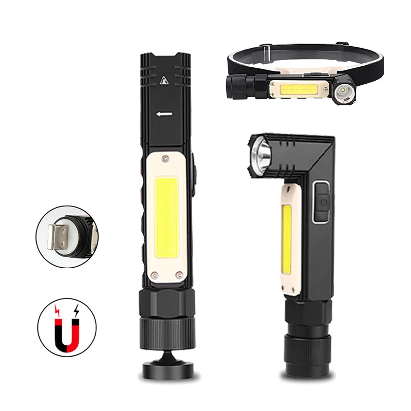 

LED Flashlight USB Rechargeable COB Headlamp Magnetic Base 90 Rotation Folding Work Light Head Torch for Camping Repair Fishing