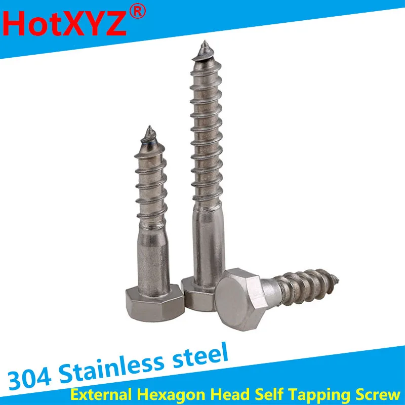 304 Stainless Steel Hexagon Head Self Tapping Screw DIN571 External Hex Head Cap Tapping Large Long Wood Screw M6M8M10 3pcs