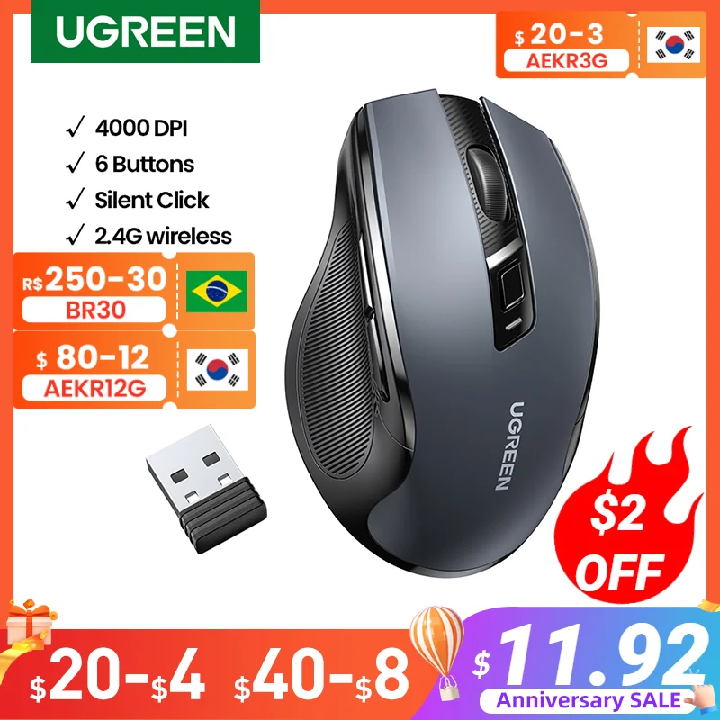 【Top Sale】UGREEN Mouse Wireless Ergonomic Mouse 4000 DPI Silent 6 Buttons For MacBook Tablet Laptop Mute Mice Quiet 2.4G Mouse