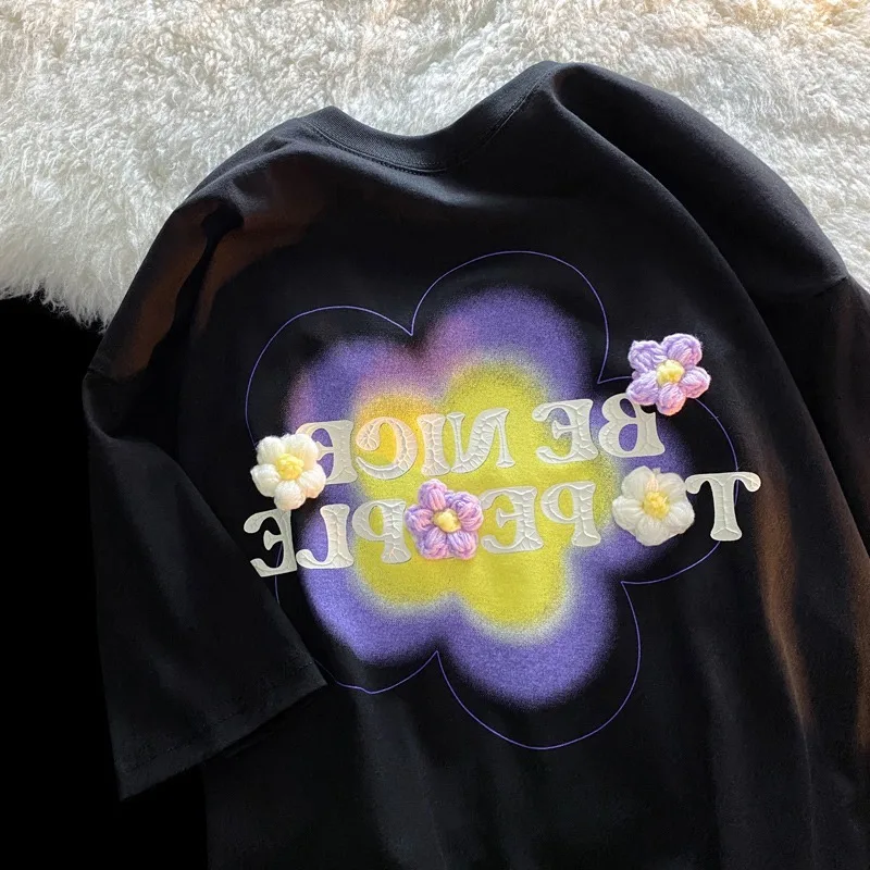 

YINGDINGST Appliques Short Sleeve T Shirt Women Black T Shirt Female Floral Korean Style Cartoon Streetwear Crop Top T Shirt