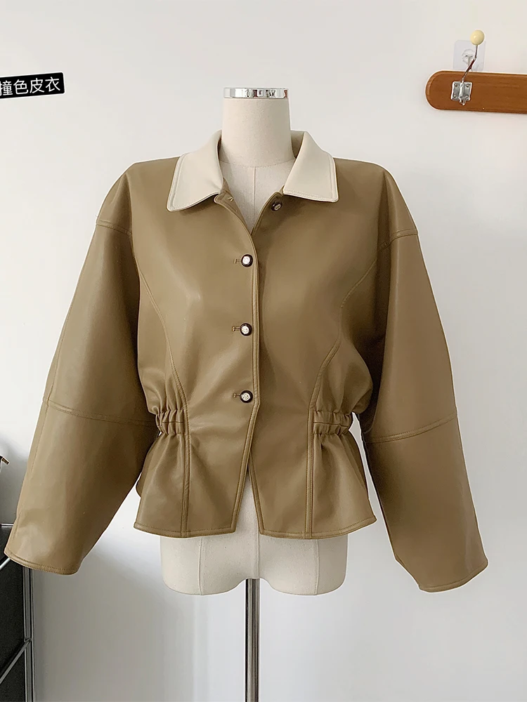 

Женская однобортная куртка из искусственной кожи, офисное пальто контрастных цветов с отложным воротником в винтажном стиле, Осень-зима 2022