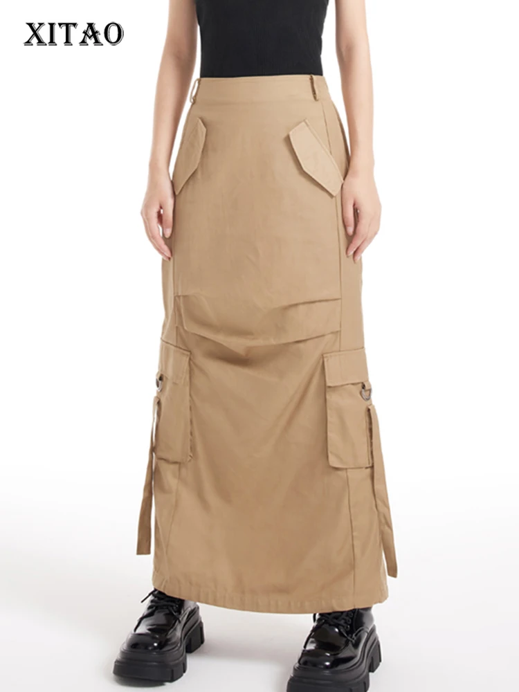 

XITAO Solid Color Casual Pocket Fashion Ankle Length Skirt 2023 Women Summer New All-match A-line Skirt Street Trendy HQQ0831