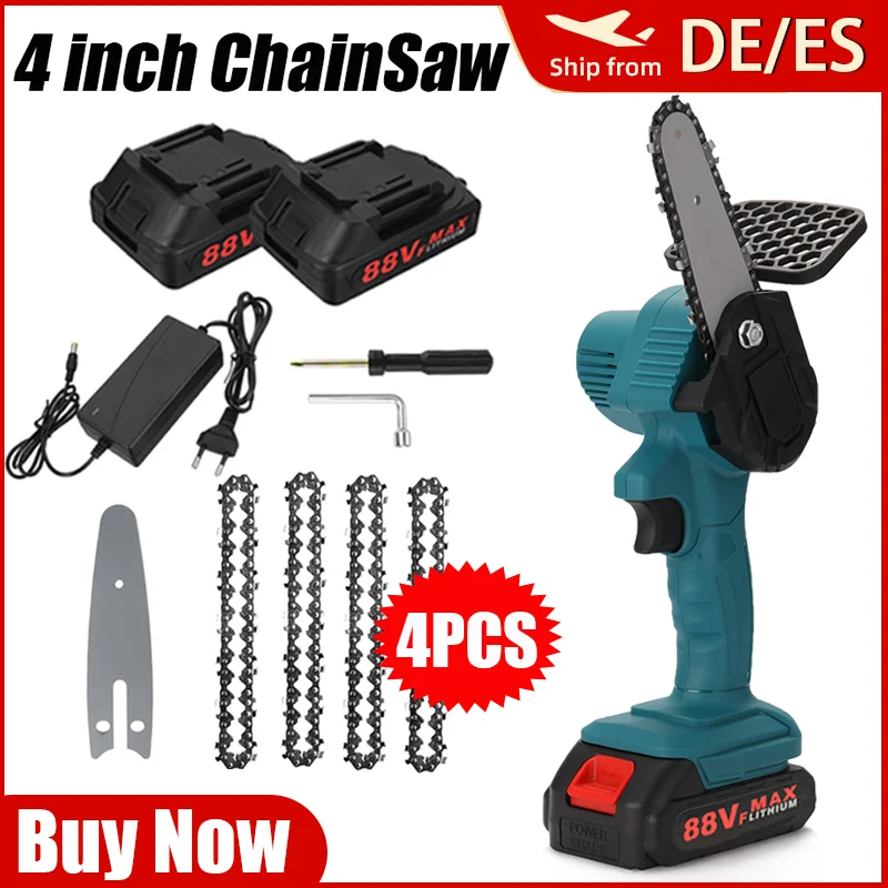 4 Inch 88V Mini Electric ChainSaw With Rechargeable Battery Woodworking Pruning Garden Power Tool For Makita 18V Battery EU Plug