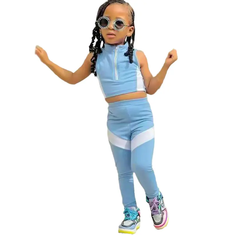 

2pcs Chidlren's Girls Clothing Sets Zipper Short T-shirt Vest+Blue White Patchwork Pants Summer Clothes Suits For Baby Kids Girl