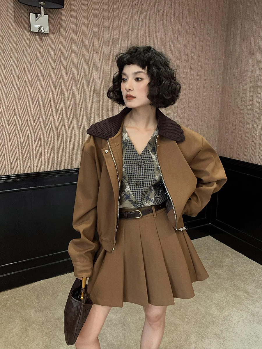 Neihe Wool Collar Stripe Waist Hugging Zip-up Jacket Baseball Uniform Long sleeve Top Outerwear Women Autumn