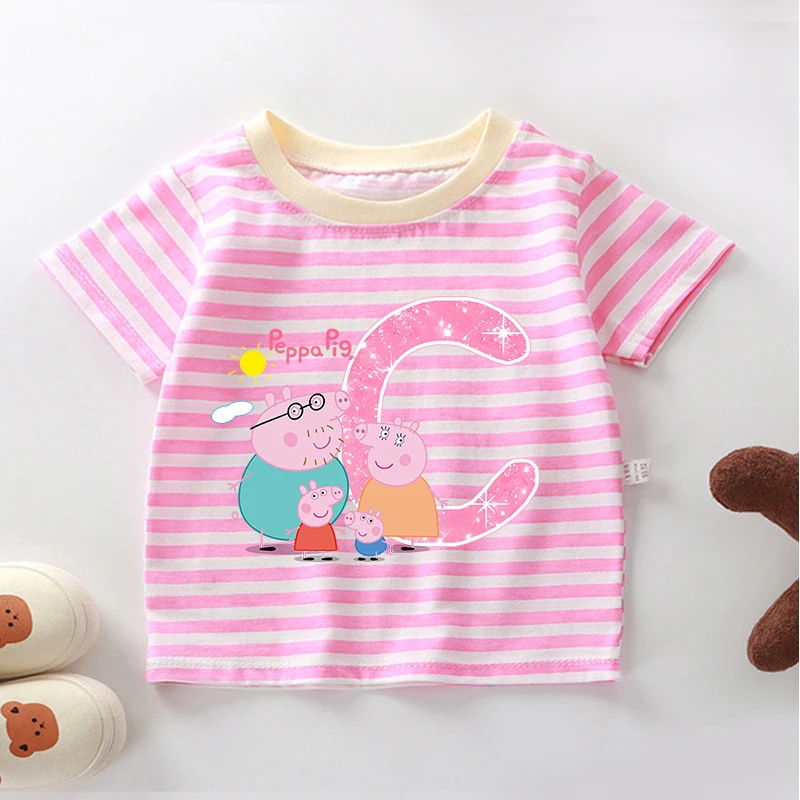 Фото Летняя полосатая футболка Peppa Pig для мальчиков и девочек, детская тонкая футболка с коротким рукавом, повседневная одежда №4