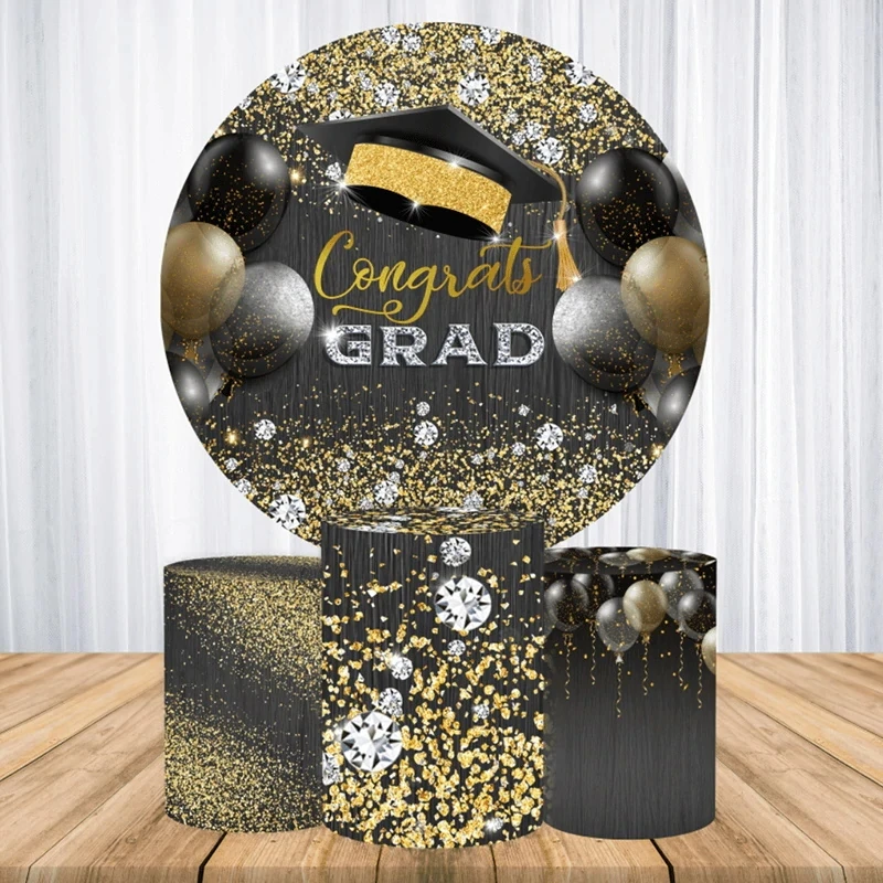 

Graduate Graduation Grad Black Gold Glitter Diamonds Bachelor Cap Party Portrait Round Backdrop Photography Circle Background