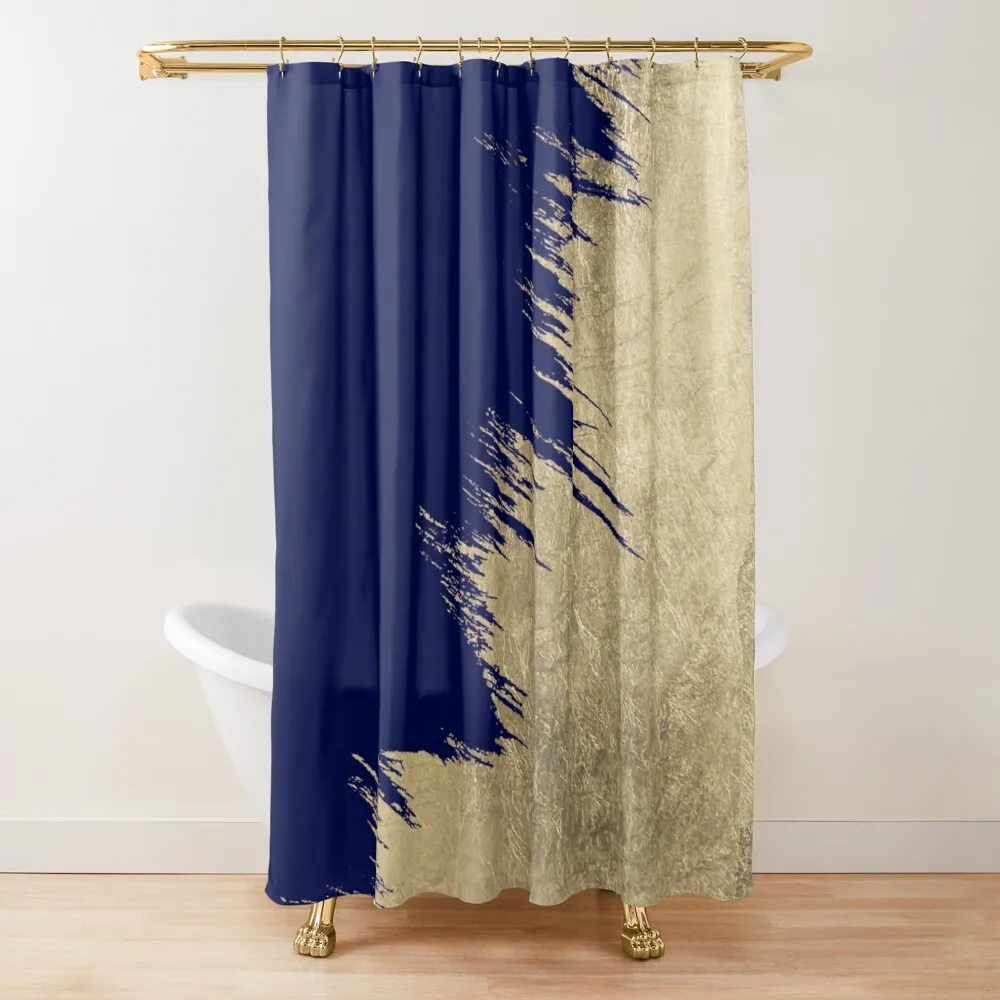 

Navy Blue Abstract Faux Gold Brushstrokes Panel Japanese Luxury Fabric Bathroom Bathroom Accessories Shower Curtains
