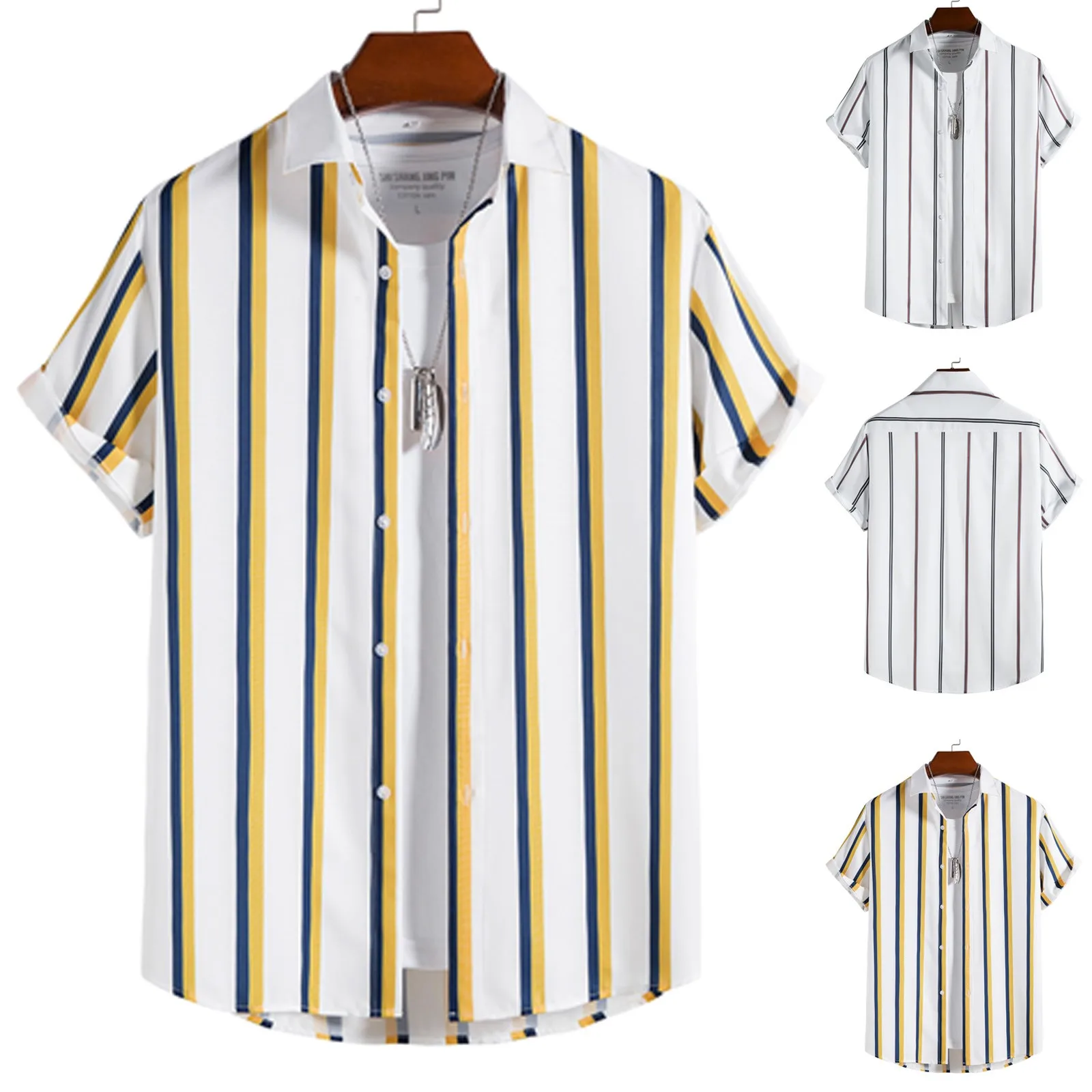 

Button down Collar Men Casual Summer Button Down Short Sleeves Striped Printed Cardigan Shirts White Sport Sleeve
