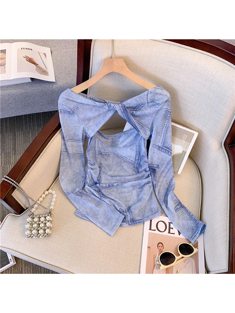 

Женская футболка с принтом и воротником-лодочкой Y2k, футболка с длинным рукавом, Корейская Винтажная футболка в стиле Харадзюку, 2000s, в эстетическом стиле, смешные футболки