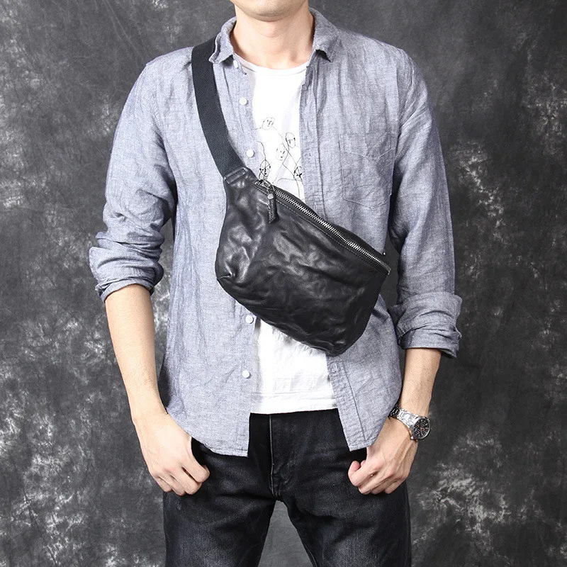 Casual simple natural cowhide men's chest bag designer luxury genuine leather black shoulder crossbody bag sport waist packs