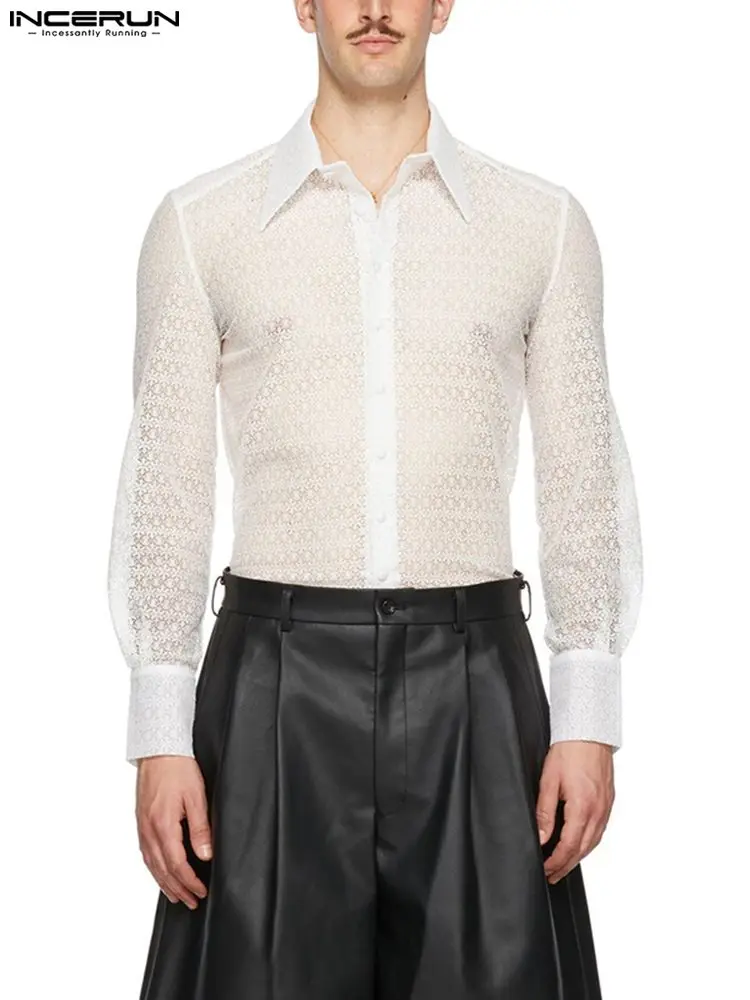 

INCERUN Tops 2022 New Men Casual Streetwear Blouse Sexy Leisure Style Lace Handsome Well Fitting Printed Long Sleeve Shirt S-5XL