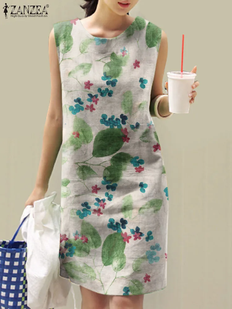 

Платье ZANZEA женское без рукавов, Модный сарафан с цветочным принтом, свободный праздничный миди-халат с круглым вырезом, 2023