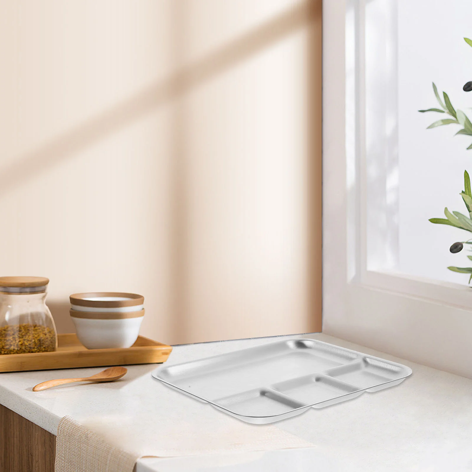 

Stainless Steel Rectangular Tray Divided Seasoning Plate Sections Dinner Plate Barbecue Dipping Plate