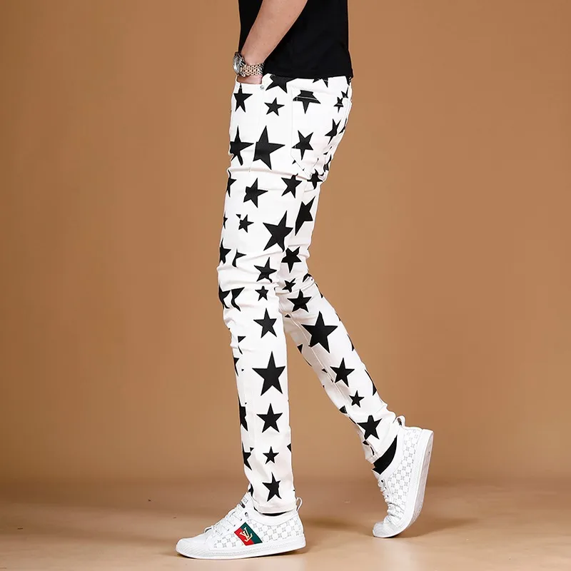 White Jeans Men Summer Fashion Stars Digital Printing Pants Streetwear Casual Straight Slim Fit Denim Trousers CP1633