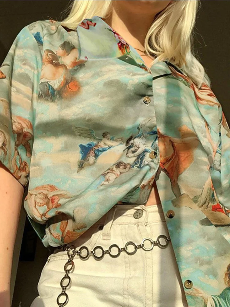 

Vintage Aesthetic Cupid Angel Print Women' Blouse Shirt Cardigan Short Sleeve Summer Top Graphic Blouse Women Clothes 2023 New