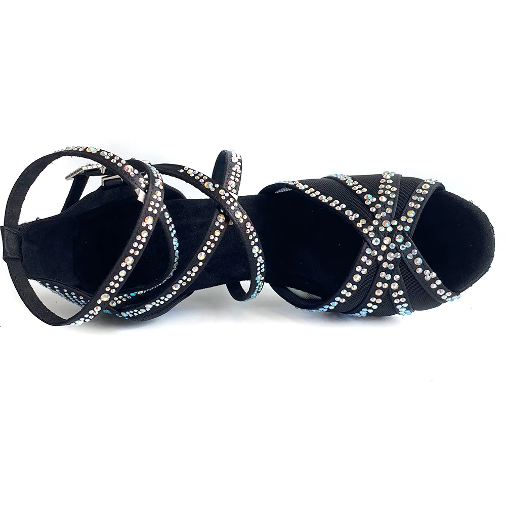 Indoor Dance Shoes Rhinestones Black Satin Latin Shoes Suede Outsole Soft insole Salsa Competitive Dancing Shoes For Latin