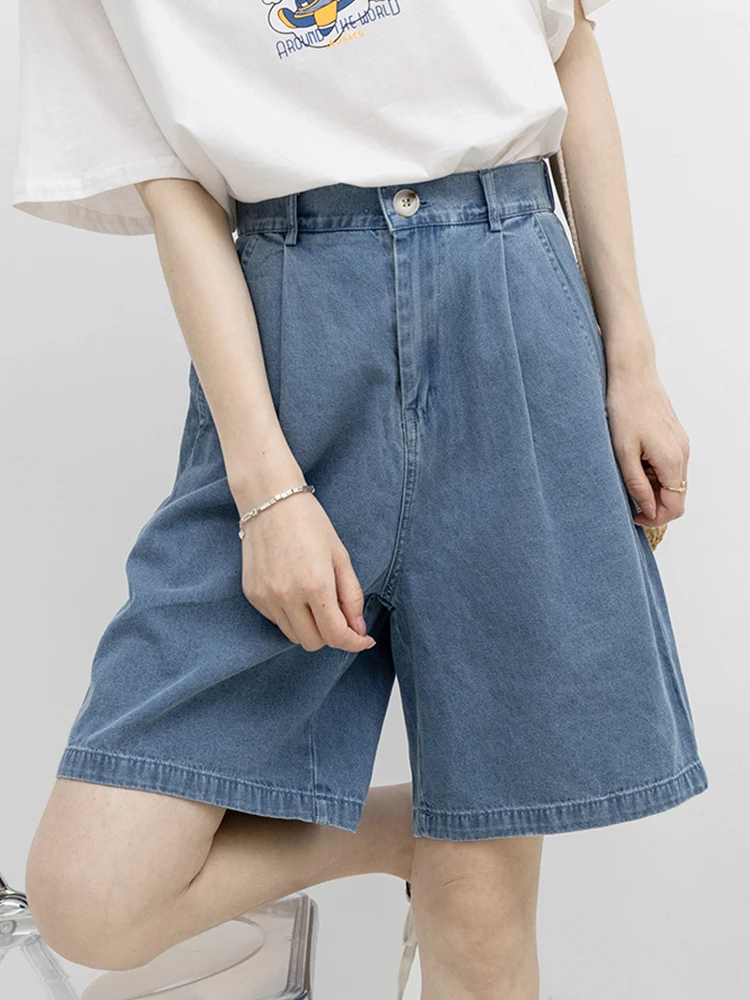 New Women Vintage High Waist Loose Blue Denim Shorts Spring Summer Female Button Straight Jeans Shorts Bottoms