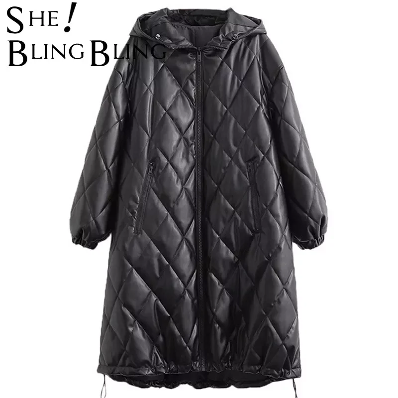 New2022 Woman 2021 Casual Traf Coats Winter Thick Argyle Quilted Padded Jacket Faux PU Leather Hooded Loose Long Parkas