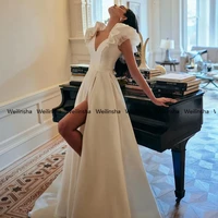 weilinsha front slit ivory wedding dresses with stretch satin sleeveless bridal gowns 2022 chapel train robe de mari%c3%a9e summer