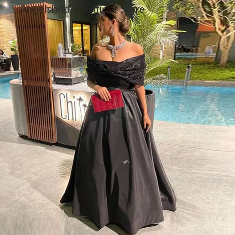 

ANGELSBRIDEP Off Shoulder Saudi Arabia Evening Dresses A-line Satin Party Dresses Applique Beaded Special Occasion Prom Gowns