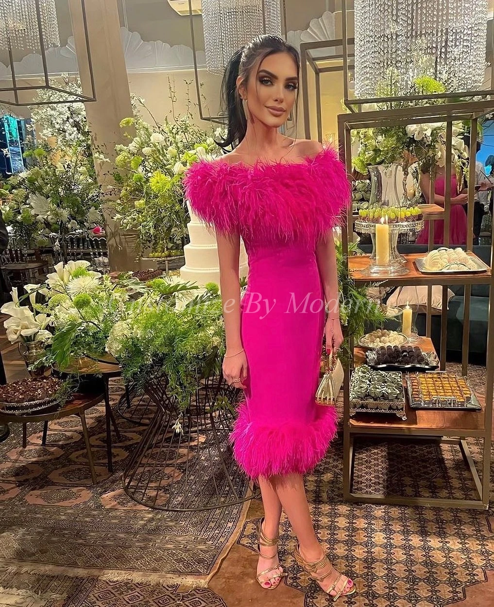 

Fuchsia Satin Feathers Long Prom Dresses Sheath Boat Neck Tea Length Saudi Arabia Women Evening Party Dress