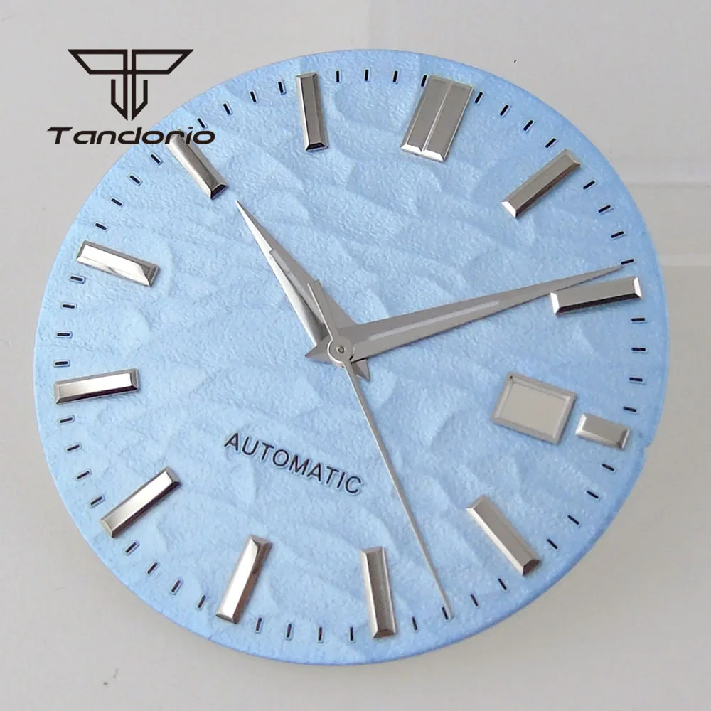 

33.5mm Light Blue Watch Dial Face Silver Baton Marks Hands Set Date Window Fit NH35 NH36 Automatic Movement