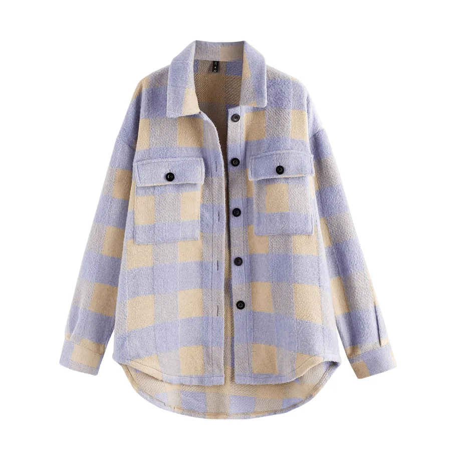 

ZAFUL Plaid Wool Blend Flap Pocket Tunic Shacket Women Shirt Jacket Drop Shoulder Button Up Coat Spring Autumn Winter Outwear