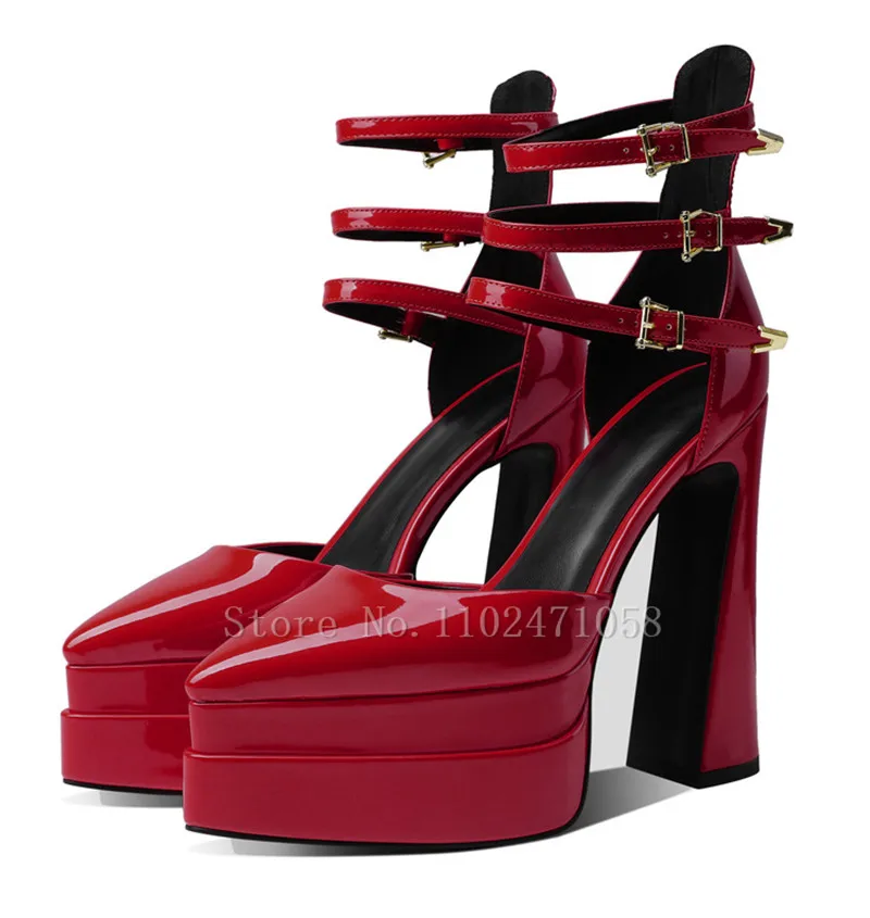 Fashion Women Pumps Patent Leather Chunky Platform Pointed Toe Hight Heels 14Cm Square Heels Ankle Buckle Strap Ladies Sandals