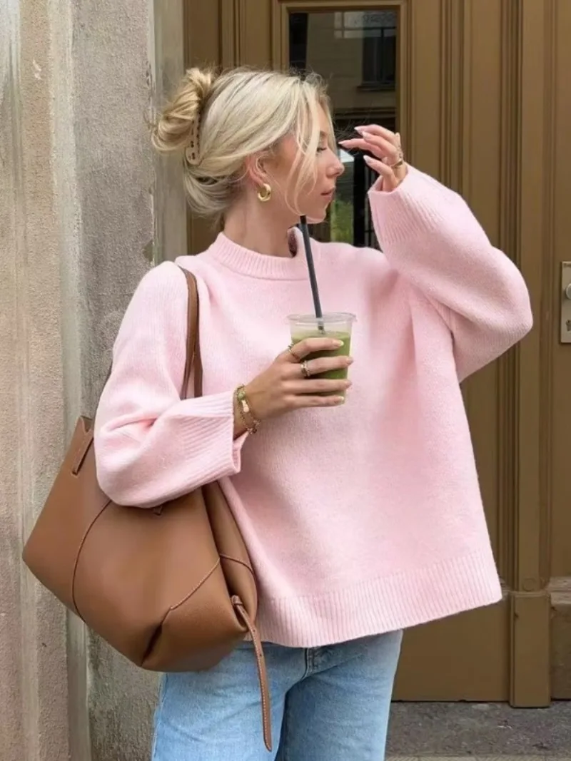 

Elegant Casual Women's Pink Sweater Y2K Streetwear Casual Autumn Female O-neck Long Sleeve Knit Pullover Winter Tops Knitwears