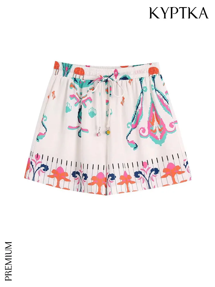 

KYPTYKA Women Fashion Contrast Printed Shorts Vintage High Elastic Waist With Drawstrings Female Short Pants Mujer