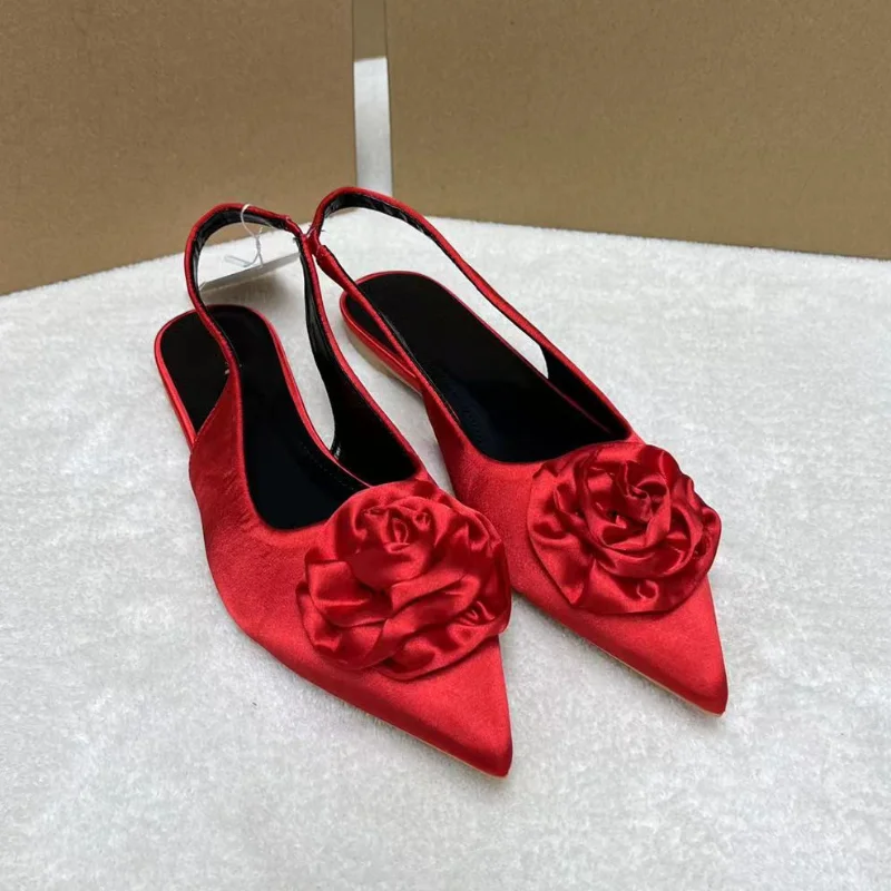 Flower Women Shoes for Party Retro Silk Flat Bottom Pointed Toe Fashion Slip-on Female Footwear 2023 Summer Ladies Sandals