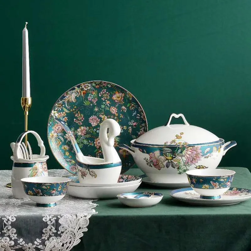 50 PIECES Tangshan bone china tableware set new Chinese dish rice bowl Creative Holiday Gift