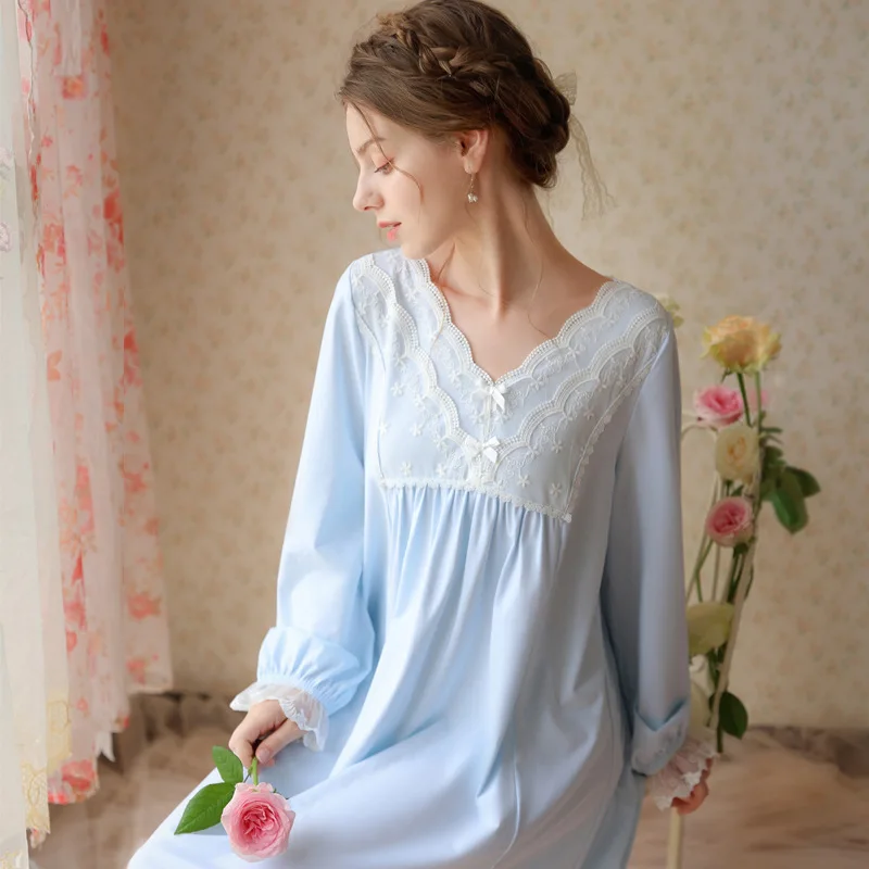 

Victorian Cotton Night Dress Women Sleepwear Spring Autumn Long Sleeve Sweet Lace Peignoir Vintage Nightgowns Princess Nightwear